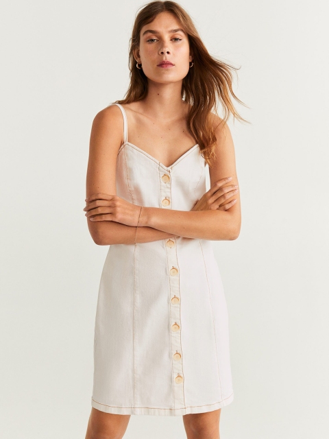 MANGO Women Off-White Solid Denim A-Line Dress