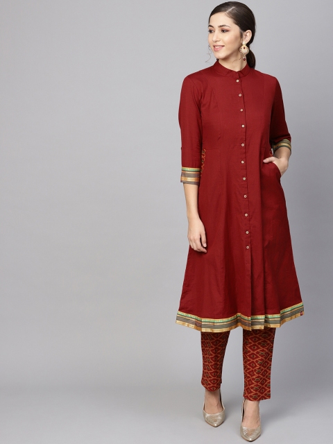 Biba Women Maroon & Orange Solid Kurta with Trousers