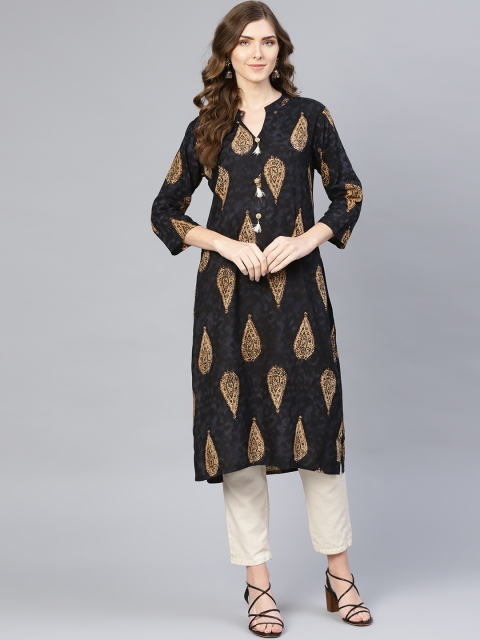 Myshka Women Black & Beige Printed Straight Kurta