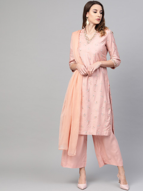 Biba Women Peach-Coloured & Silver Embroidered Kurta with Palazzos & Dupatta 
Biba Women Peach-Coloured & Silver Embroidered Kurta with Palazzos & Dupatta