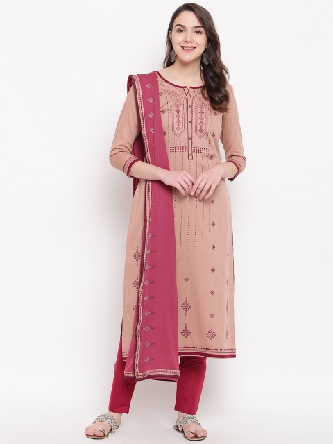Kvsfab Beige & Magenta Cotton Blend Unstitched Dress Material