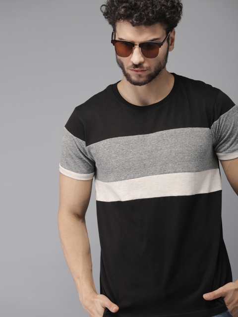 Campus Sutra Men Black & Grey Colourblocked Round Neck T-shirt