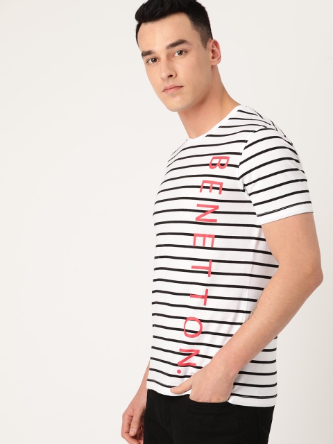 United Colors of Benetton Men Black & White Striped Round Neck T-shirt