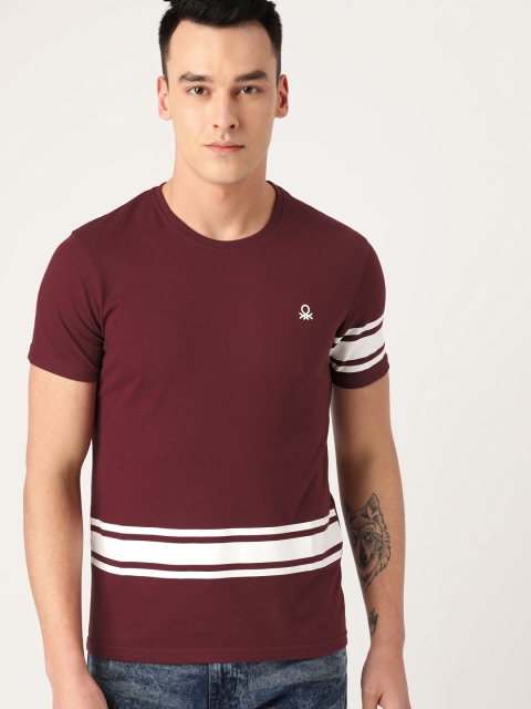 United Colors of Benetton Men Maroon & White Solid Round Neck T-shirt