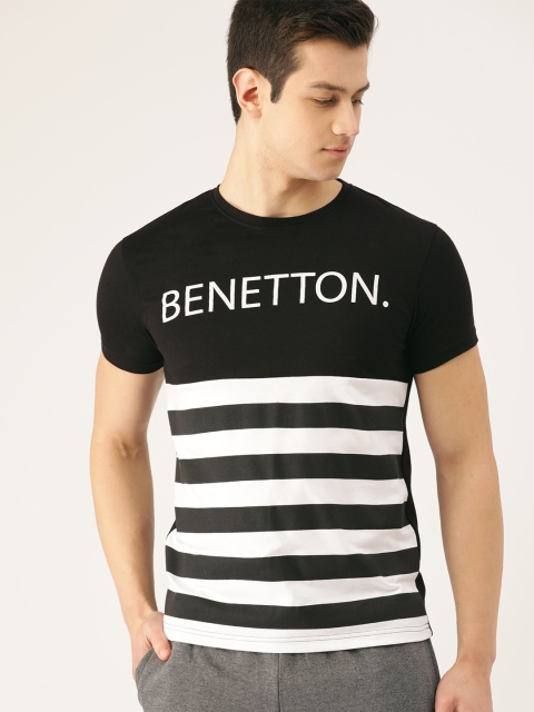 United Colors of Benetton Men Black & White Striped Round Neck T-shirt