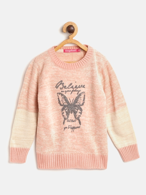 Wingsfield Girls Peach-Coloured Printed Sweater
