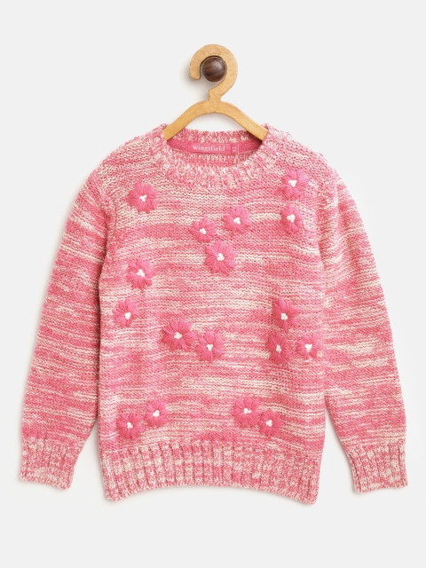 Wingsfield Girls Pink & Off-White Embroidered Sweater