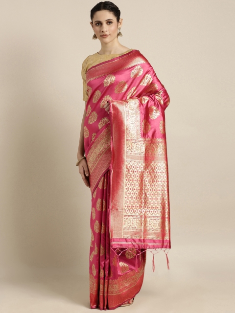 Mitera Pink & Gold-Toned Art Silk Woven Design Banarasi Saree