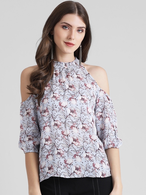 Zink London Women Blue & Maroon Floral Printed Top