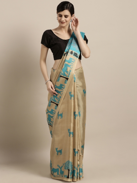 Satrani Beige & Teal Blue Art Silk Printed Saree