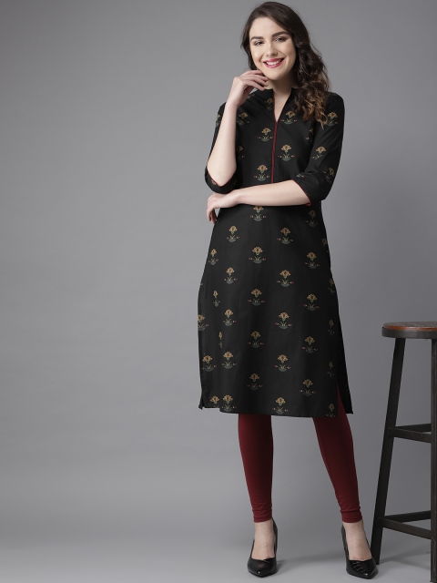 HERE&NOW Women Black & Yellow Printed Straight Kurta