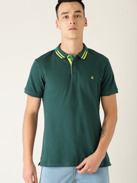 United Colors of Benetton Men Teal Green Solid Polo Collar T-shirt