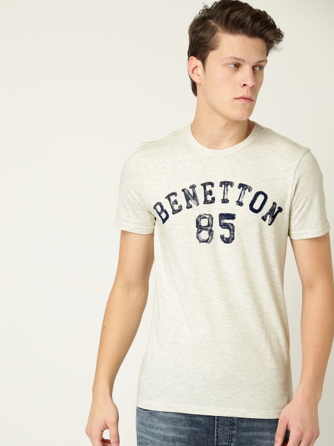 United Colors of Benetton Men Grey Melange Printed Detail Round Neck T-shirt