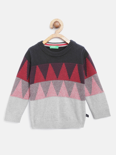 United Colors of Benetton Boys Navy Blue & Grey Melange Self Design Sweater