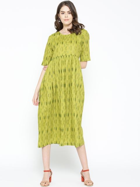 Sringam Women Green Ikat Print Midi A-Line Dress