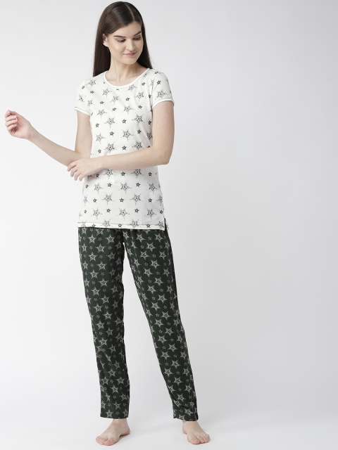 MADAME M SECRET Women White & Olive Green Printed Night Suit