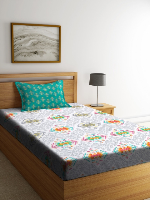 CORE Designed by SPACES White & Grey Printed 144 TC 1 Single Bedsheet with 1 Pillow Cover