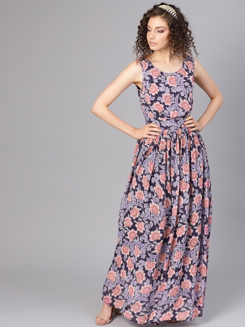 I AM FOR YOU Women Blue & Pink Floral Printed Maxi Dress