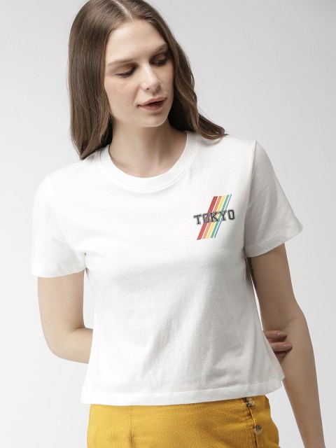 FOREVER 21 Women White Solid Round Neck Pure Cotton T-shirt