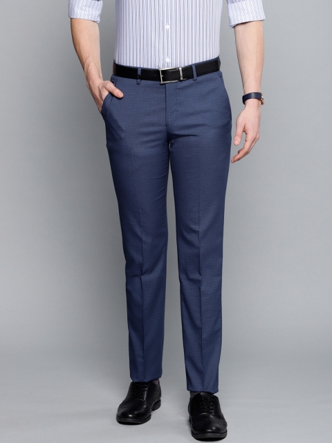 Louis Philippe Men Blue Slim Fit Self Checked Formal Trousers
