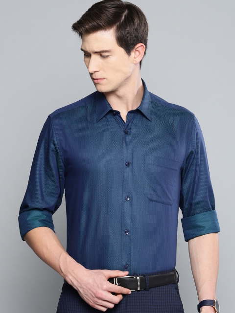 Louis Philippe Men Navy Blue & Green Slim Fit Self Design Formal Shirt