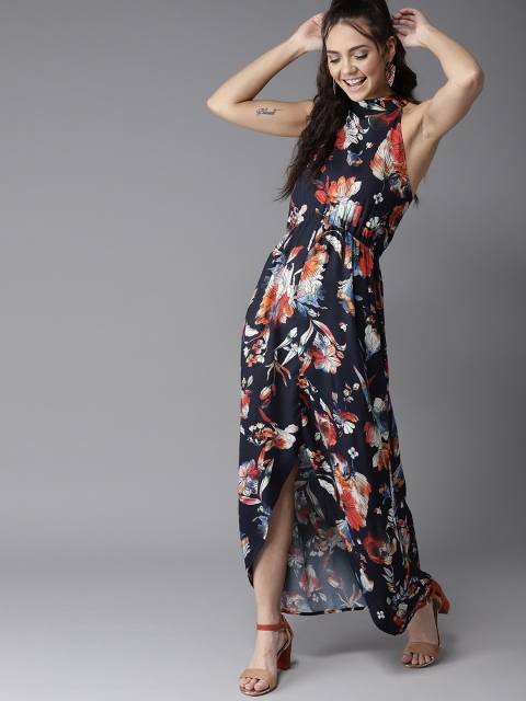 HERE&NOW Women Navy Blue & Red Floral Printed Maxi Dress
