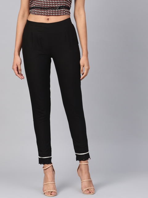 Juniper Women Black Smart Slim Fit Solid Cropped Cigarette Trousers