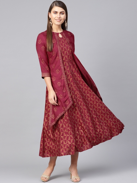 Juniper Women Burgundy & Golden Printed Layered A-Line Dress