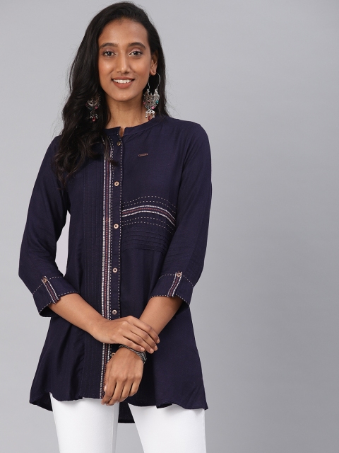 Kvsfab Women Navy Blue Embroidered Straight Kurti