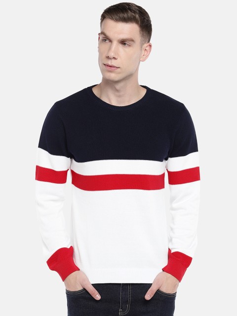 Globus Men White & Navy Blue Colourblocked Pullover Sweater