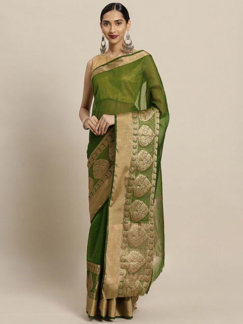 Shaily Green & Gold-Toned Pure Linen Solid Saree