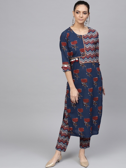 Jaipur Kurti Women Navy Blue & Red Printed Kurta with Trousers