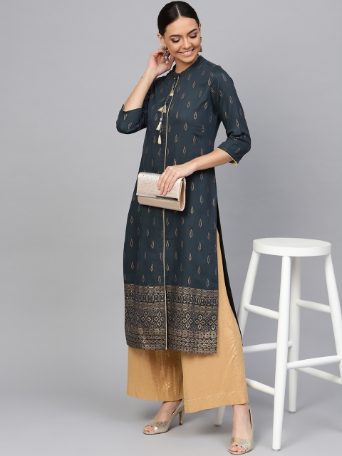 Jaipur Kurti Women Navy Blue & Golden Printed Straight Kurta