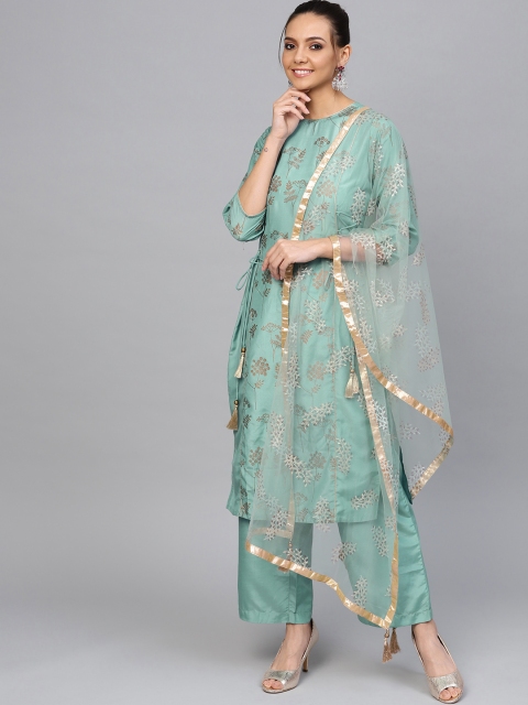 Jaipur Kurti Women Blue & Golden Printed Kurta with Palazzos & Dupatta