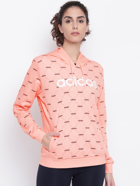 ADIDAS Women Peach-Coloured & Black Core Favourite Hooded Printed Sweatshirt