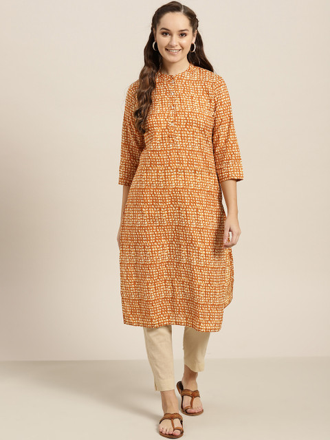 Sangria Women Mustard Yellow & Beige Printed Straight Kurta 
Sangria Women Mustard Yellow & Beige Printed Straight Kurta