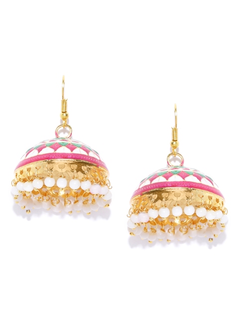 Priyaasi Pink & Green Gold-Plated Hand Painted Dome Shaped Jhumkas