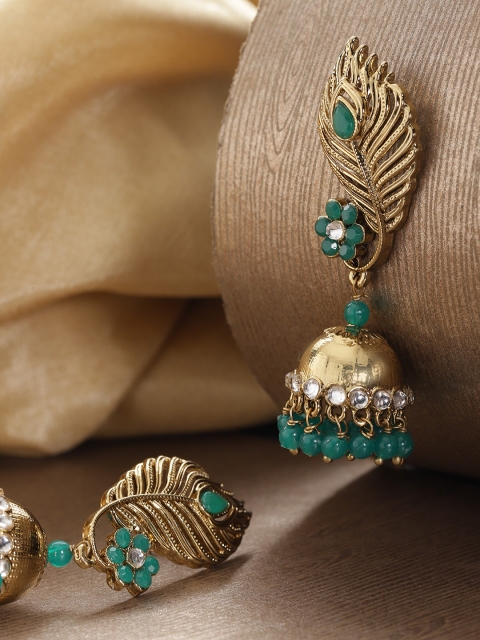 Priyaasi Green Gold-Plated Stone Studded & Beaded Handcrafted Feather Shaped Jhumkas
Priyaasi Green Gold-Plated Stone Studded & Beaded Handcrafted Feather Shaped Jhumkas