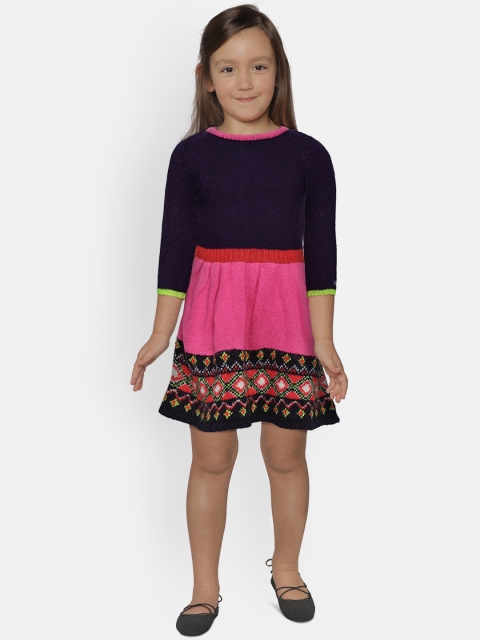 Cherry Crumble Girls Navy Blue & Pink Colourblocked Sweater Dress with Self-Design Detail
Cherry Crumble Girls Navy Blue & Pink Colourblocked Sweater Dress with Self-Design Detail