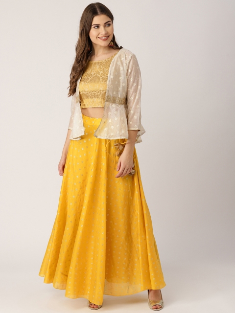 IMARA Mustard Yellow & Off White Woven Design Ready to Wear Lehenga Choli & Ethnic Jacket
IMARA Mustard Yellow & Off White Woven Design Ready to Wear Lehenga Choli & Ethnic Jacket
