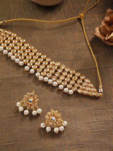 Zobby White Gold-Plated Kundan Studded & Beaded Handcrafted Choker Jewellery Set