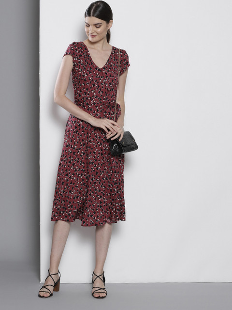 DOROTHY PERKINS Women Burgundy & Black Printed A-Line Dress 
DOROTHY PERKINS Women Burgundy & Black Printed A-Line Dress
