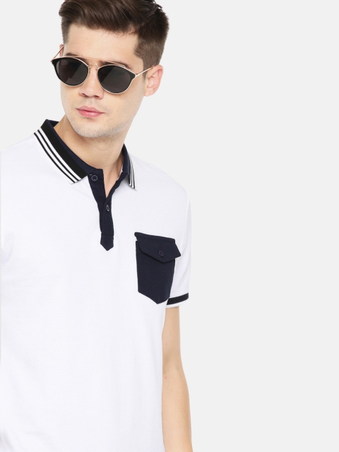 HERE&NOW Men White Solid Polo Collar T-shirt