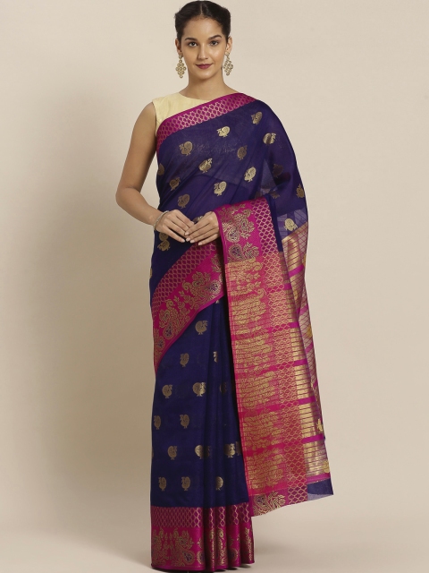 Pisara Navy Blue Silk Cotton Woven Design Chanderi Saree