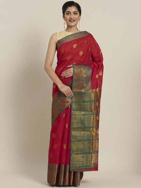 Pisara Red & Green Silk Cotton Woven Design Chanderi Saree