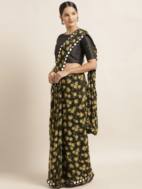 Mirchi Fashion Black & Yellow Poly Georgette Printed Saree