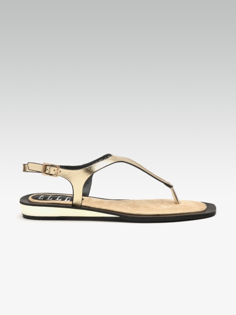 ELLE Women Gold-Toned Solid T-strap Flats