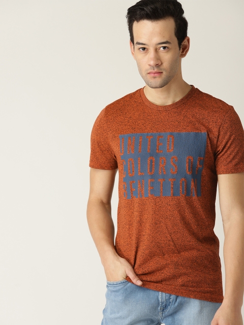 United Colors of Benetton Men Rust Orange & Navy Blue Printed Round Neck T-shirt