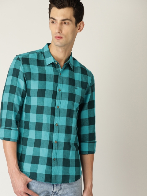 United Colors of Benetton Men Blue & Teal Green Slim Fit Checked Casual Shirt, Turquoise blue
