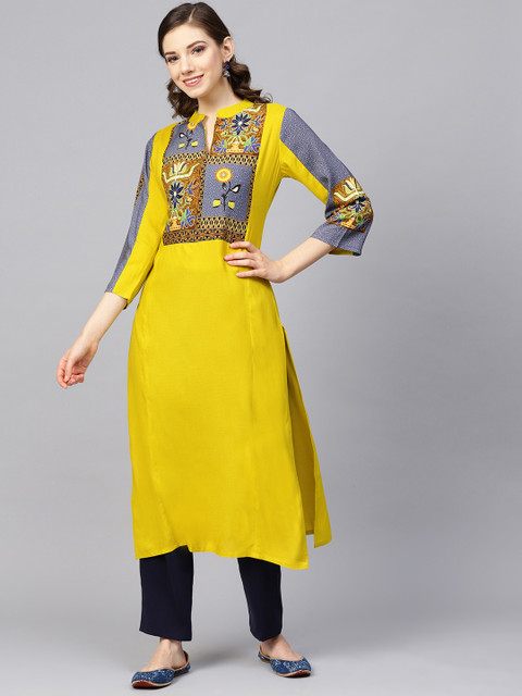 Meeranshi Women Lime Green & Blue Yoke Design Straight Kurta 
Meeranshi Women Lime Green & Blue Yoke Design Straight Kurta